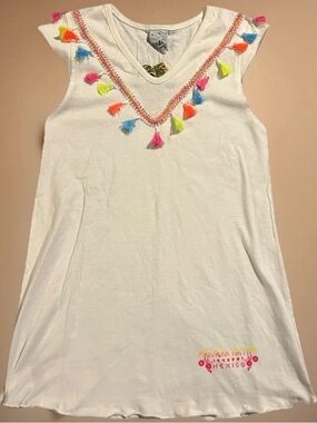 Girls White Tassel Swim Coverup Colorful Neon Embroidery and Trim